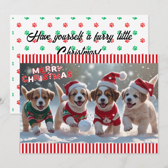 Puppies in Christmas Sweaters & Snow Personalized Holiday Card (Front/Back)