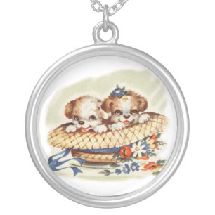 puppies in hat silver plated necklace