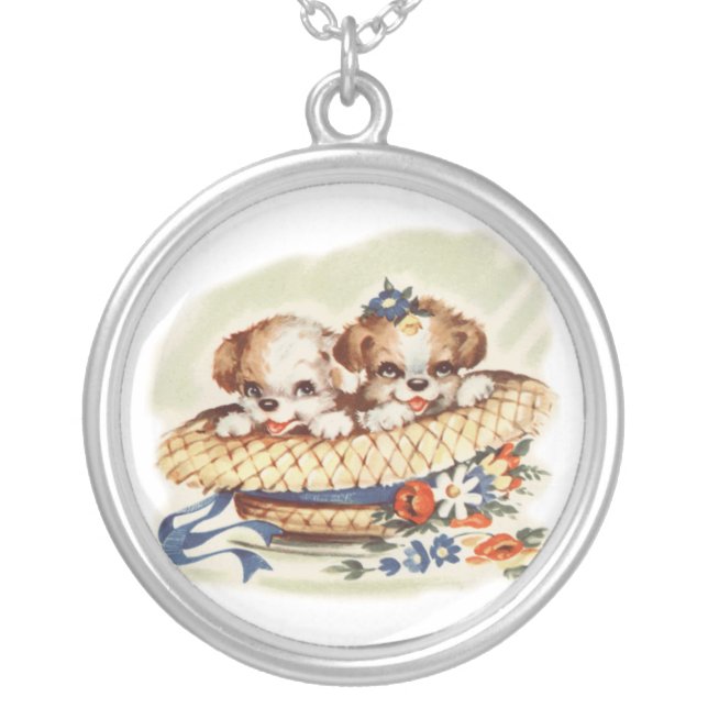 puppies in hat silver plated necklace (Front)