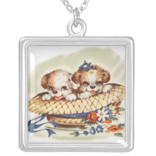 puppies in hat silver plated necklace