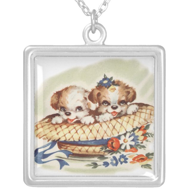 puppies in hat silver plated necklace (Front)