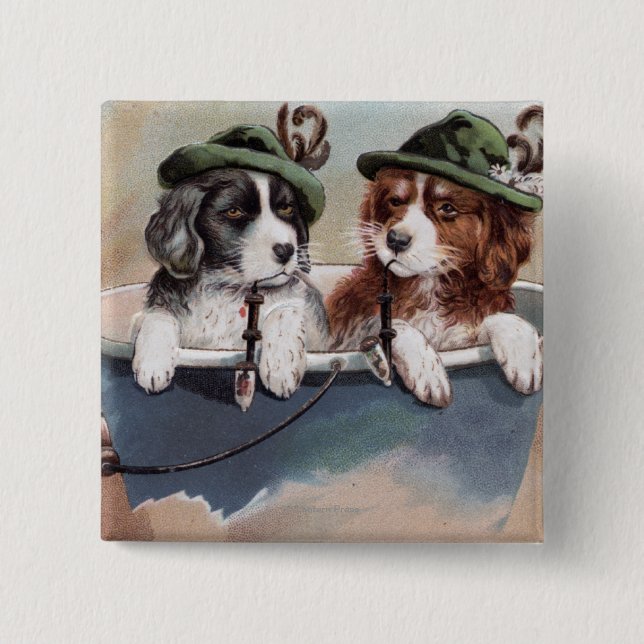 Puppies in Hats with Pipes Pinback Button (Front)