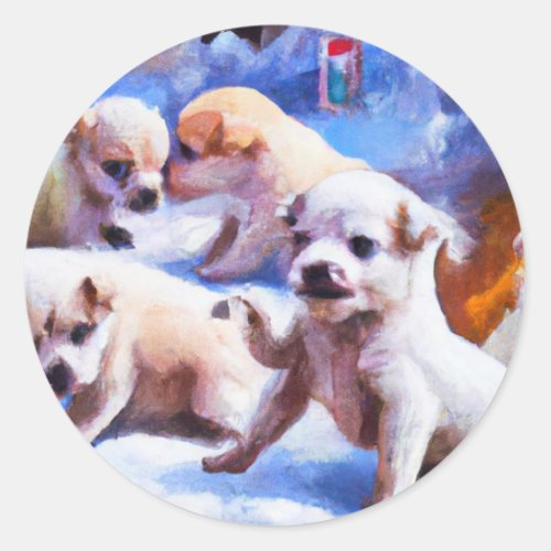 puppies in snow a cute Christmas Classic Round Sticker