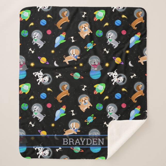Puppies In Space Watercolor Dog Astronauts Sherpa Blanket (Front)