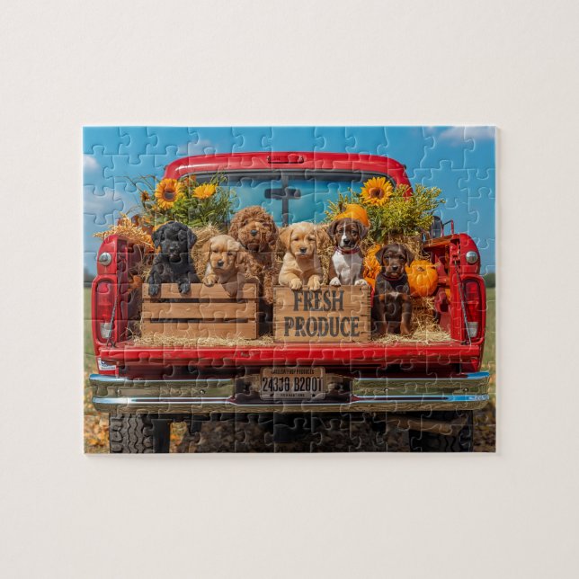 Puppies Red Truck Sunflowers Fall Harvest Jigsaw Puzzle (Horizontal)