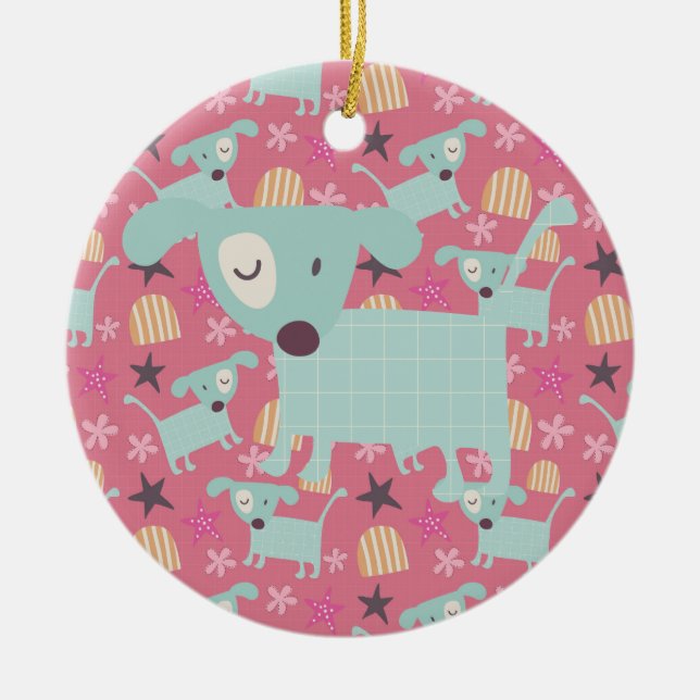 Puppies, Stars, and Flowers Ceramic Ornament (Front)