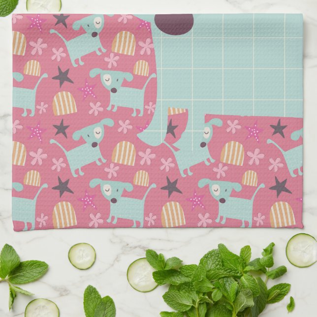 Puppies, Stars, and Flowers Kitchen Towel (Folded)