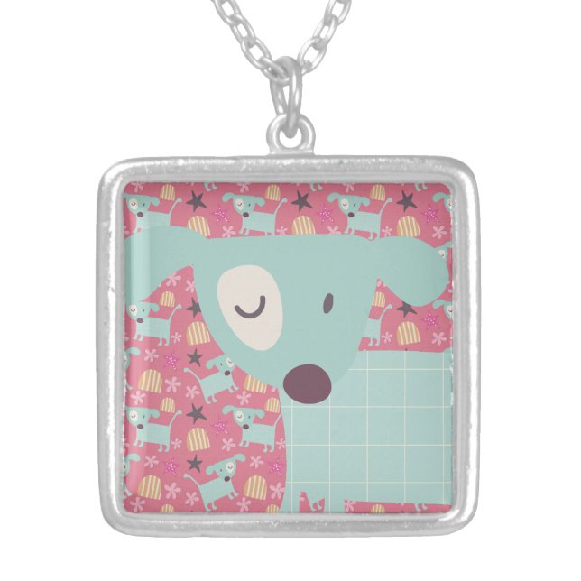 Puppies, Stars, and Flowers Silver Plated Necklace (Front)