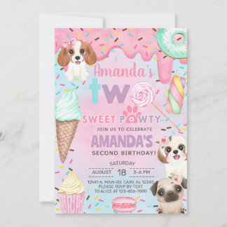 Puppies Sweet Pawty girl second, 2nd birthday. Invitation