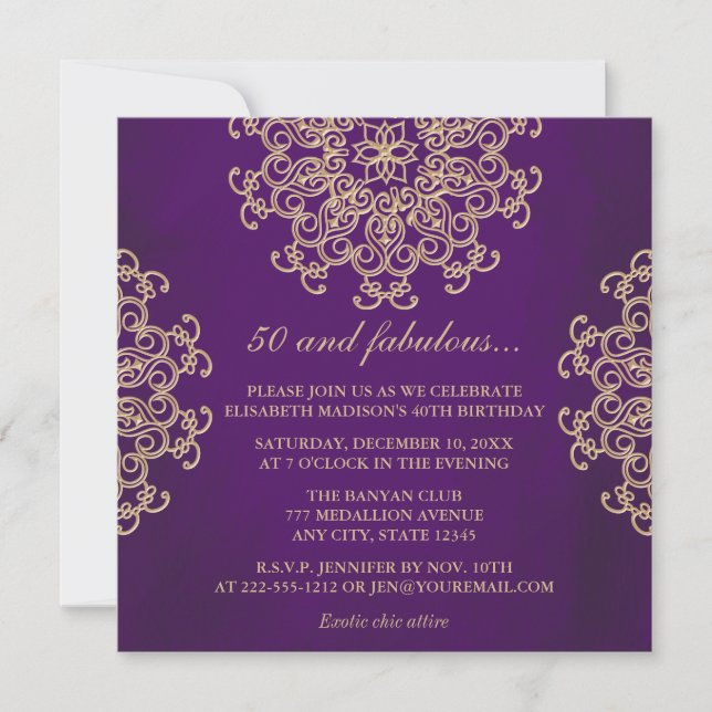 PUPPLE AND GOLD INDIAN INSPIRED BIRTHDAY INVITATION (Front)
