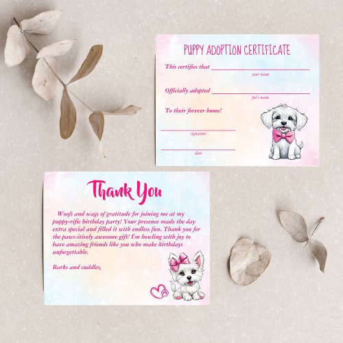 Puppy adoption certificate cute white pink puppies