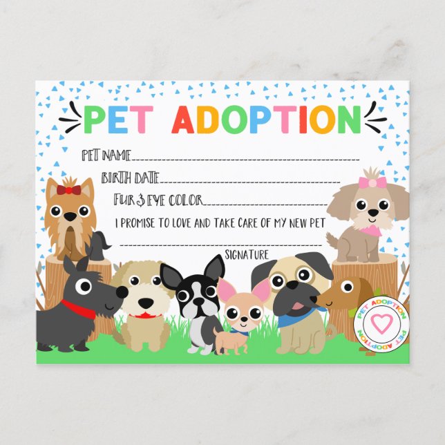 Puppy Adoption Certificate for a Pet Adoption Invitation Postcard (Front)