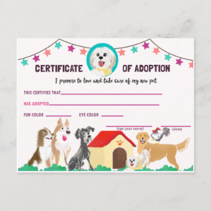 Puppy Adoption Certificate for a Pet Invitation Po Postcard