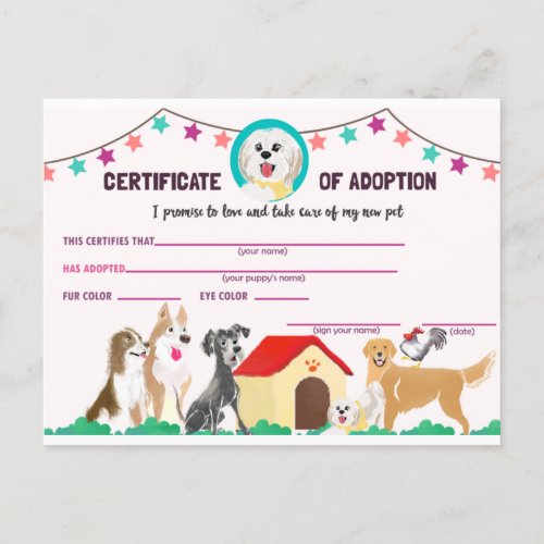 Puppy Adoption Certificate for a Pet Invitation Postcard