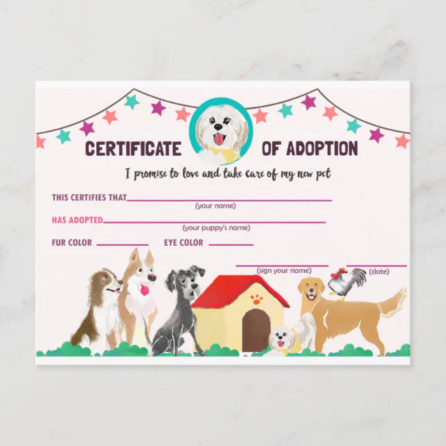 Puppy Adoption Certificate for a Pet Invitation Postcard | Zazzle