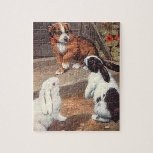Puppy and 2 Bunnies Cute Vintage Painting Jigsaw Puzzle