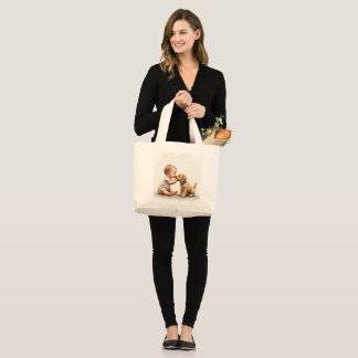 Puppy and baby large tote bag