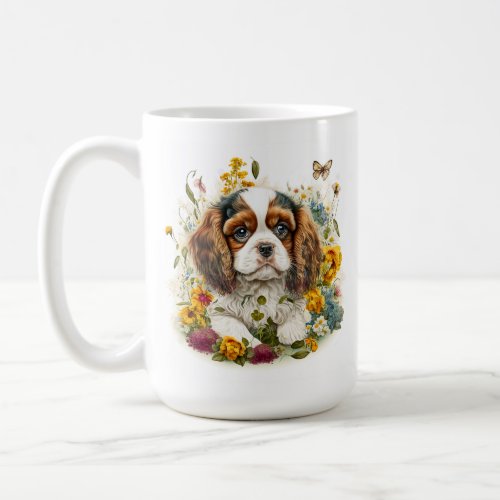 Puppy and Flowers Cavalier King Charles Spaniel 4 Coffee Mug