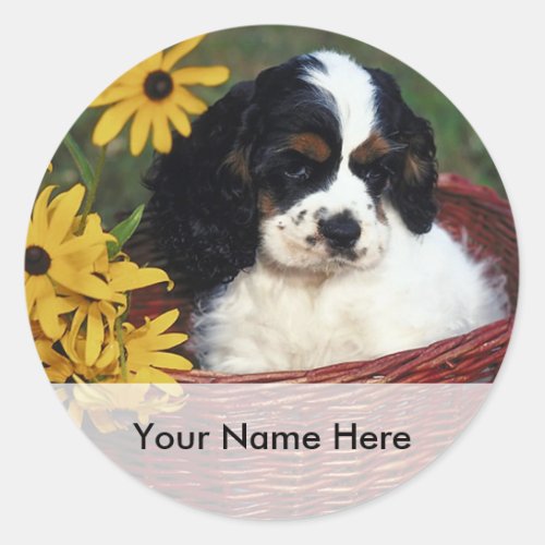 Puppy and Flowers in a Basket Bookplate Sticker