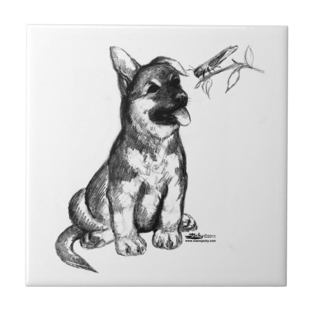 Puppy and Grasshopper Ceramic Tile (Front)