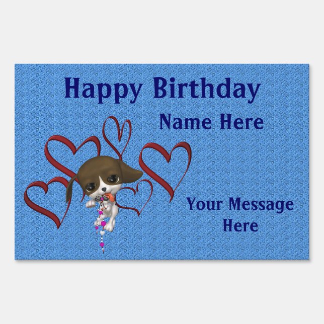 Puppy And Hearts Cute Happy Birthday Yard Sign (Front)