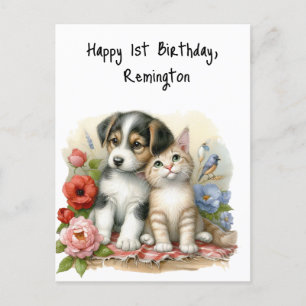 Puppy and Kitten Baby First Birthday Personalized Postcard