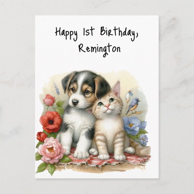 Puppy and Kitten Baby First Birthday Personalized Postcard (Front)