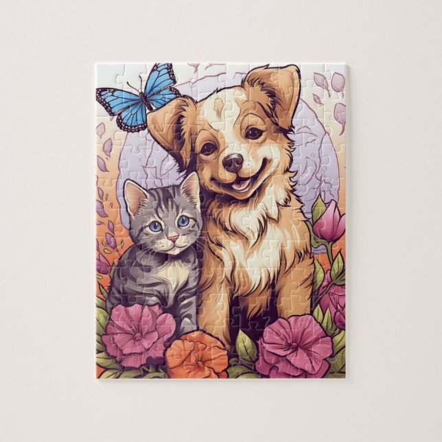 Puppy and Kitten,Butterfly and Flower Game Puzzle (Vertical)