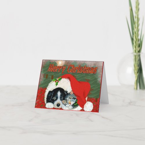 Puppy and Kitten Christmas Cuddle Note Card