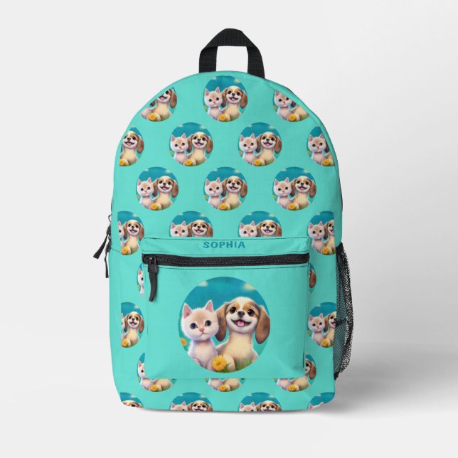 Puppy and Kitten Cute Kids Personalized Name Printed Backpack (Front)