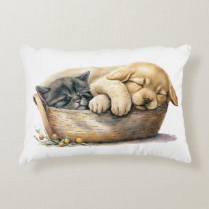 Puppy And Kitten In Basket Accent Pillow