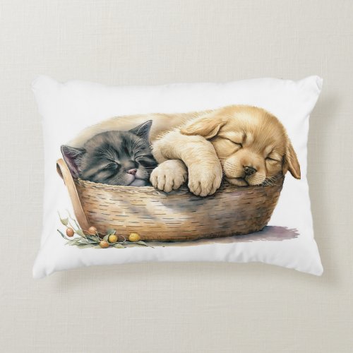 Puppy And Kitten In Basket Accent Pillow