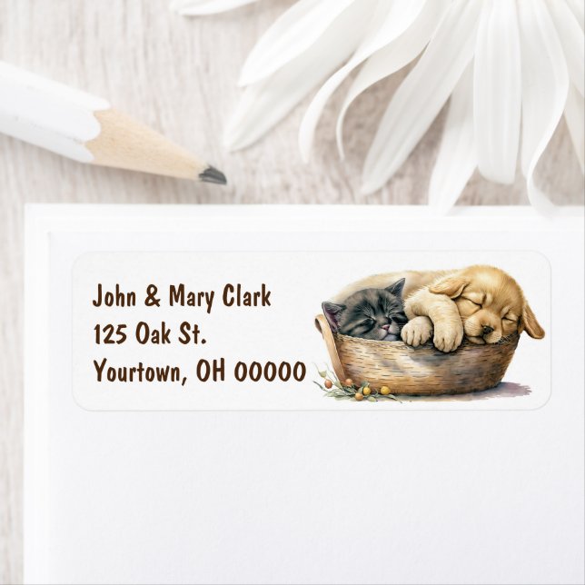 Puppy And Kitten In Basket Label (Insitu)