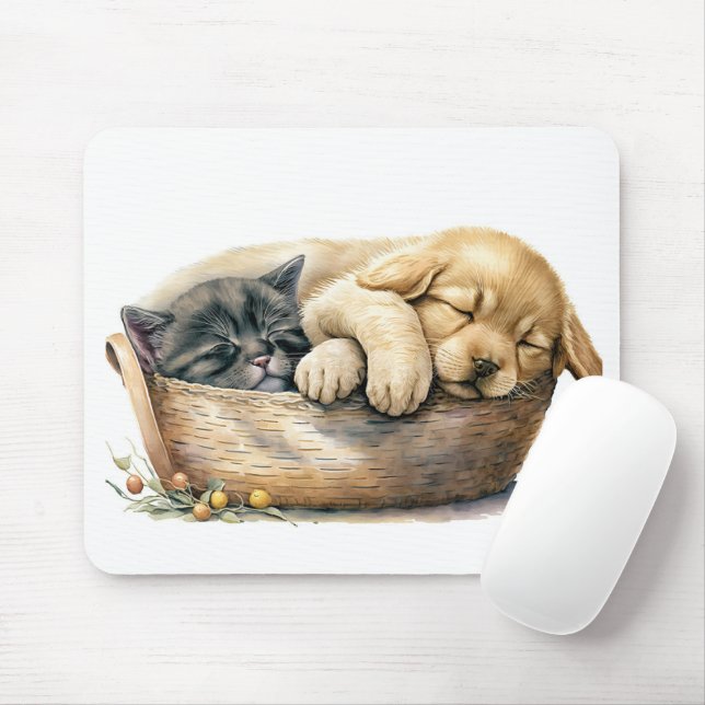 Puppy And Kitten In Basket Mouse Pad (With Mouse)