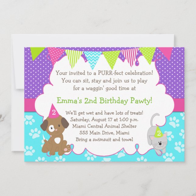 Puppy and Kitten Invitation Girl Birthday Party (Front)
