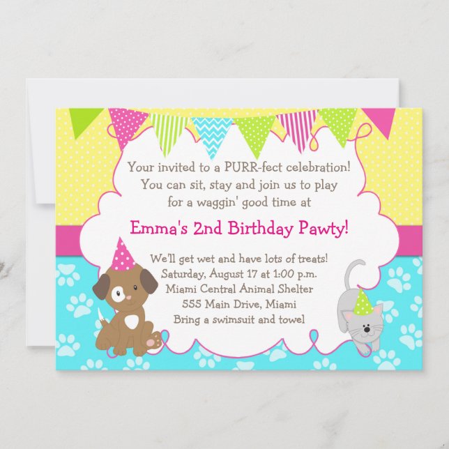 Puppy and Kitten Invitation Girl Birthday Party (Front)