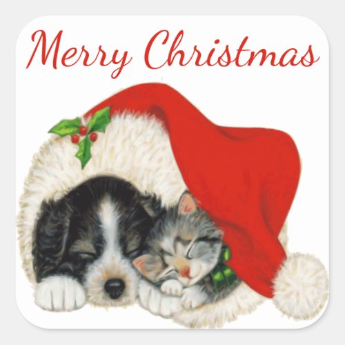 Puppy and Kitten Merry Christmas Sticker