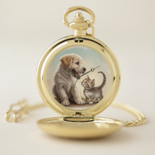 Puppy And Kitten Pocket Watch
