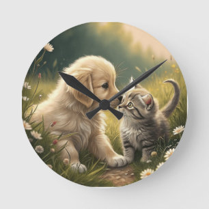 Puppy And Kitten Round Clock