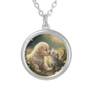 Puppy And Kitten Silver Plated Necklace