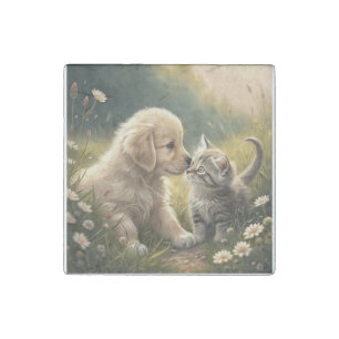 Puppy And Kitten Stone Magnet