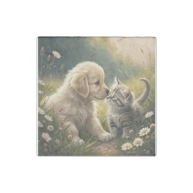 Puppy And Kitten Stone Magnet (Front)