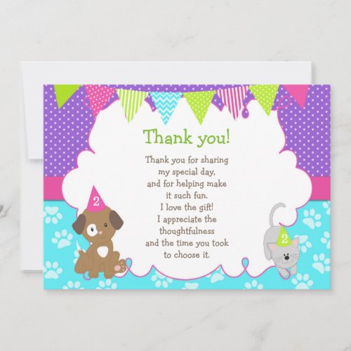 Puppy and Kitten Thank You Card Purple Green