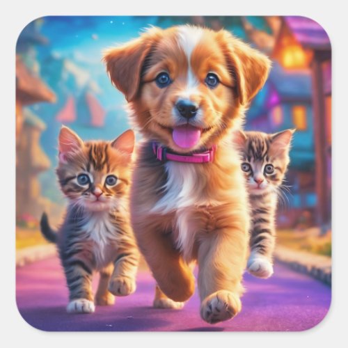 Puppy and kittens sticker square sticker