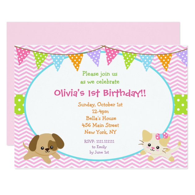 Puppy And Kitty Birthday Invitations