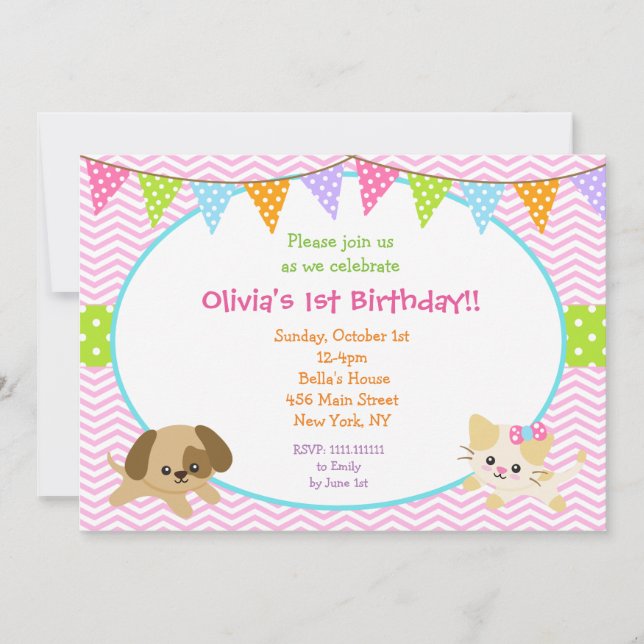 Puppy and Kitty Birthday Invitations (Front)