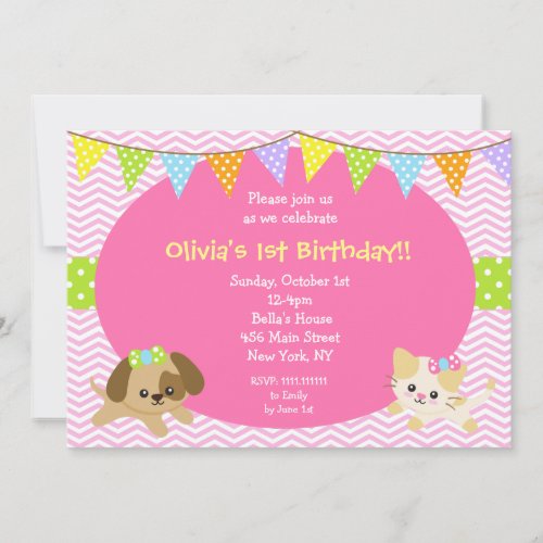 Puppy and Kitty Cat Dog Birthday Invitations
