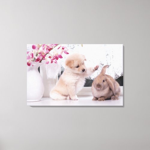 Puppy and Lop Ear Rabbit Canvas Print