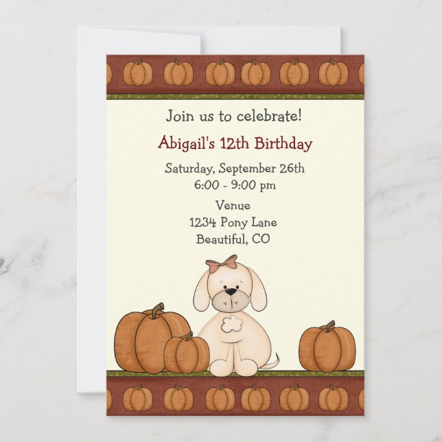 Puppy and Pumpkins Autumn Birthday Invitation (Front)