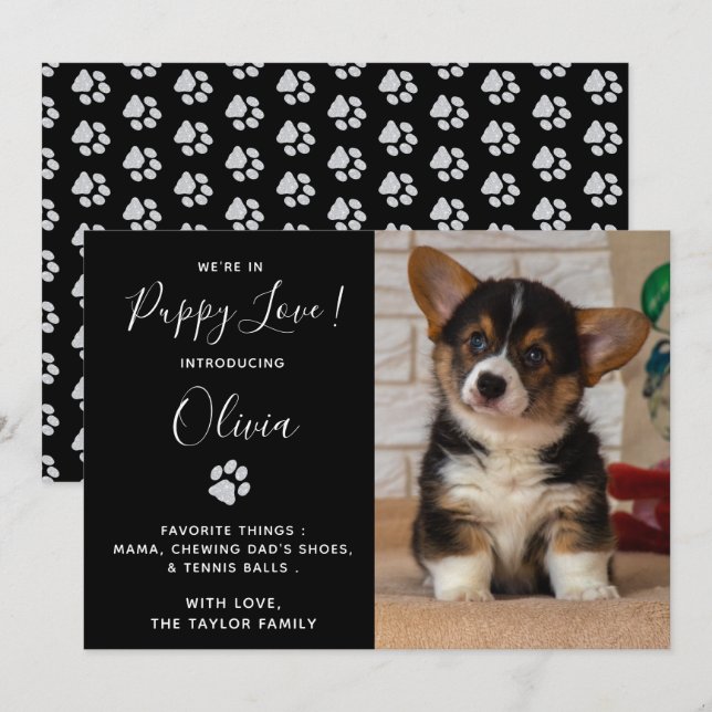 Puppy Announcement - Black Elegant Modern New Pet (Front/Back)